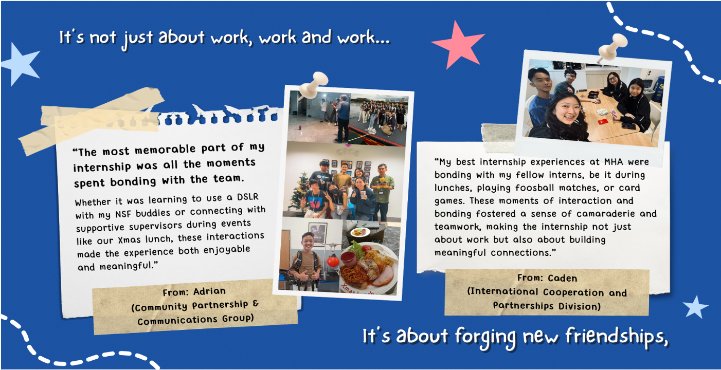 Internship memories collage: photos and quotes on blue background, stars and dashed lines detail.